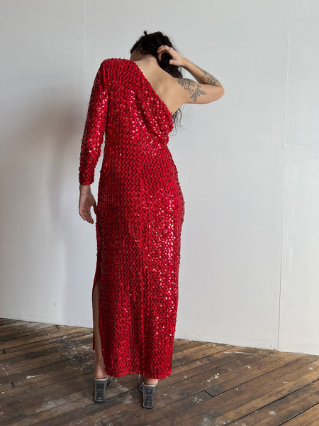 Vintage 1970's - Early 1980's Red One Shoulder Cocktail Dress, Sequined, by Climax