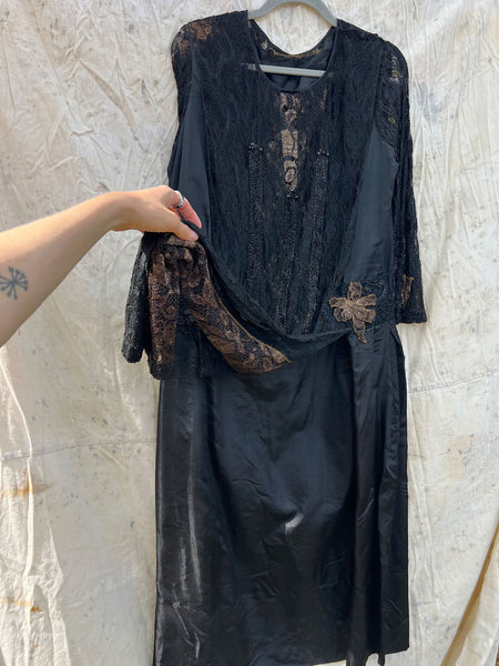 Antique 1910’s 1920’s Black Silk Lace Beaded Spiderweb Dress Edwardian Era