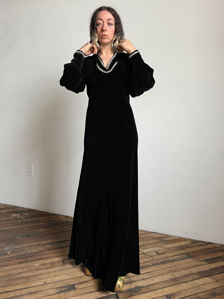 Vintage 1930's Black Silk Velvet Gown with Rhinestone Trim