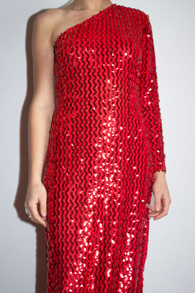 Vintage 1970's - Early 1980's Red One Shoulder Cocktail Dress, Sequined, by Climax