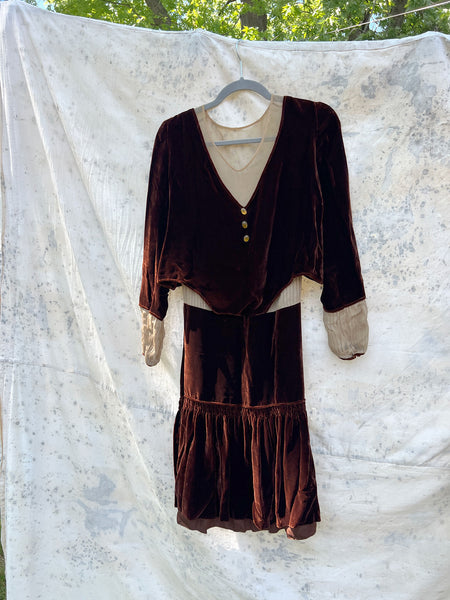 Antique - Early Vintage 1920's 30's Brown Silk Velvet Dress