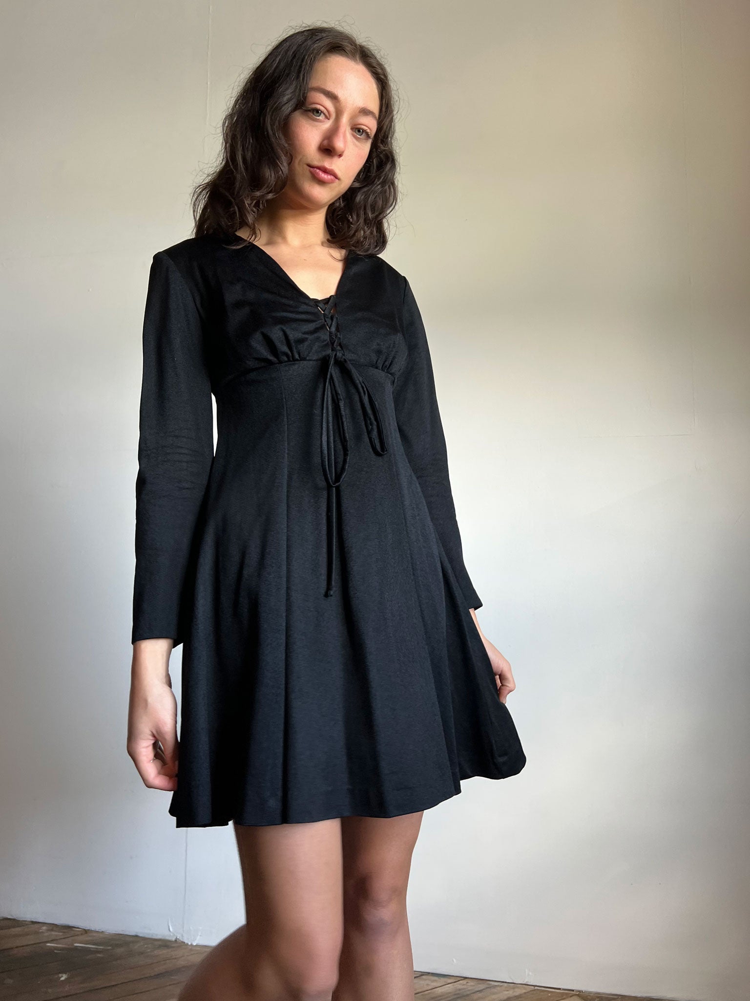 Vintage 1960's Black MIni Dress Long Sleeved Lace Up
