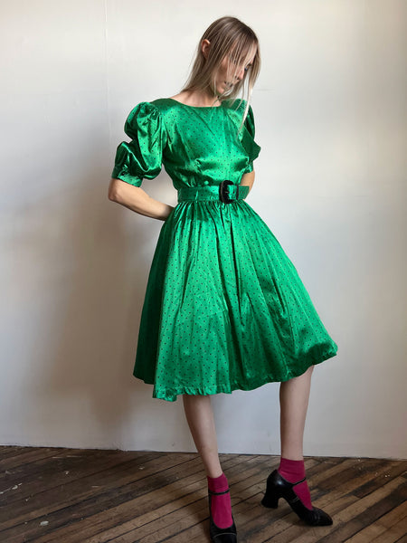 Vintage 1980's Green and Black Polka Dot Party Dress with Tulle Skirt, 80's Holiday
