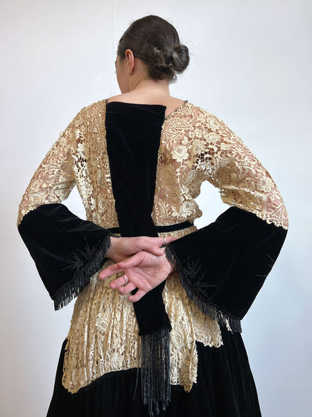 Antique Edwardian 1910's Era Floral Lace and Black Beaded Velvet Dress