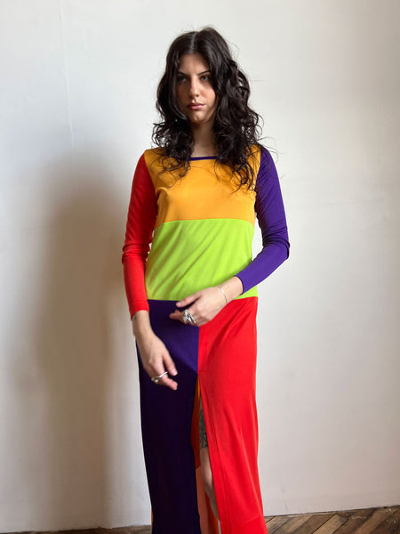 Vintage 1970's Long Sleeved Color Block Dress, Women's 70's