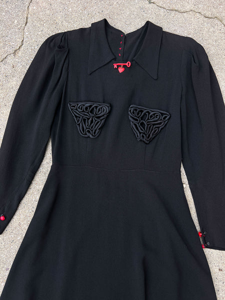 Vintage 1930's Black Soutache Dress with Heart and Key Detail