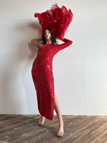 Vintage 1970's - Early 1980's Red One Shoulder Cocktail Dress, Sequined, by Climax