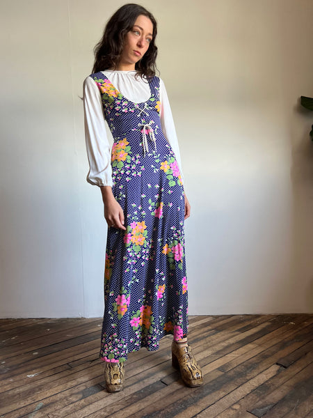 Vintage 1960's 1970's Floral Maxi Dress with Lace Up Front