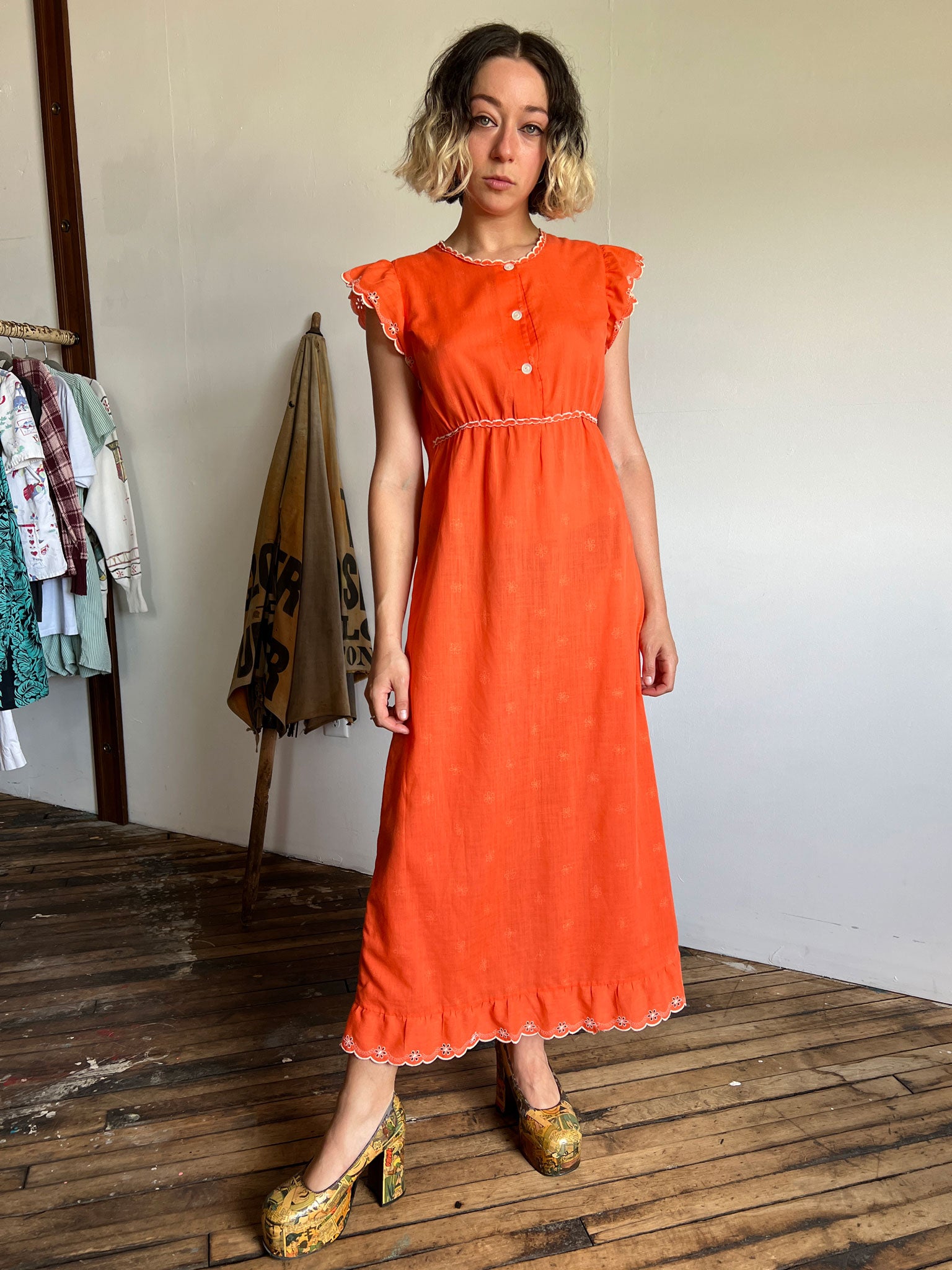 Vintage Late 1960's Early 1970's Orange Floral Dress