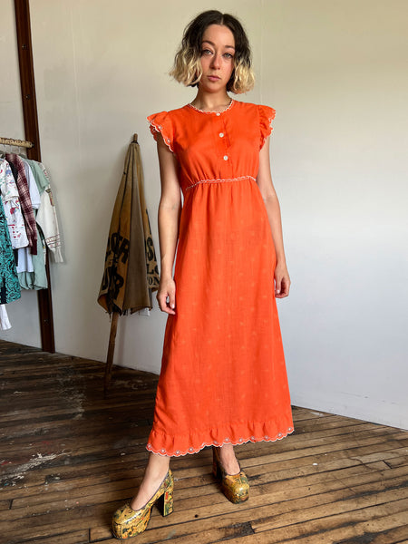 Vintage Late 1960's Early 1970's Orange Floral Dress