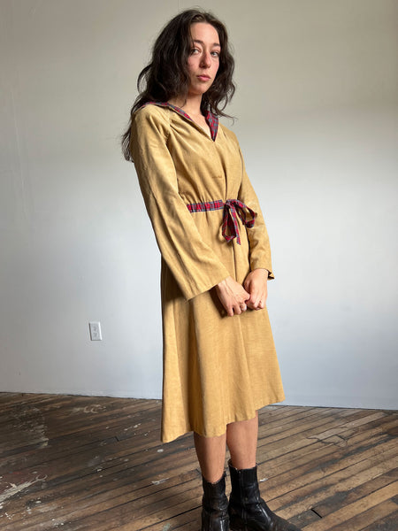 Vintage 1960s 1970s Oops Brand Corduroy Hooded Dress with Drawstring Waist