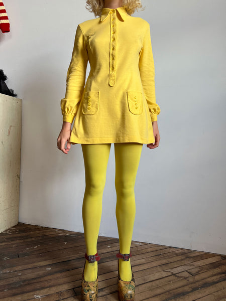 Vintage 1960's Yellow Cotton Long Sleeved Mini Dress Made in Stockholm