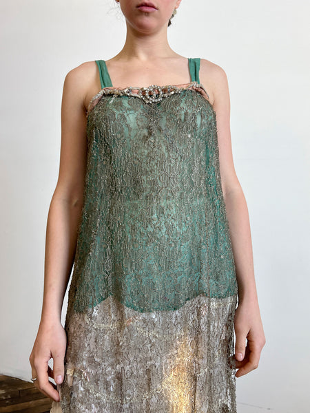 Vintage 1920's Metallic Flapper Dress with Beadwork
