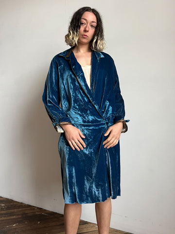 Early Vintage 1920's Blue Velvet Flapper Dress with Lamé Trim