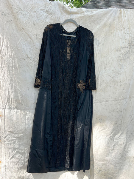 Antique 1910’s 1920’s Black Silk Lace Beaded Spiderweb Dress Edwardian Era