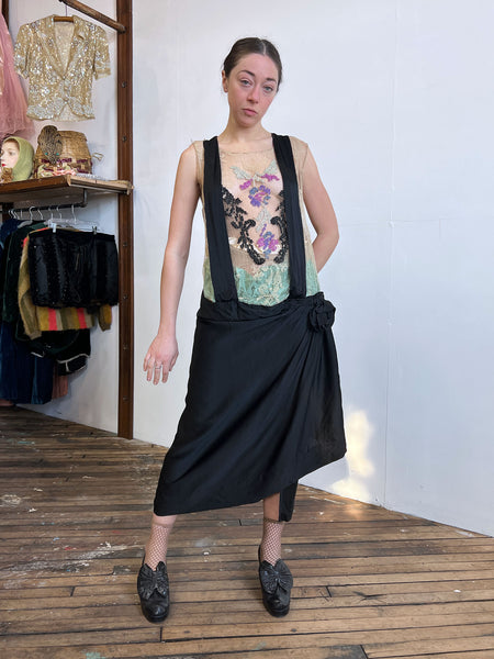 Antique 1920's Silk Dress with Floral Beadwork and Netting