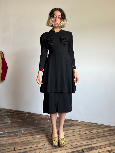 Vintage 1930's Black Soutache Dress with Heart and Key Detail