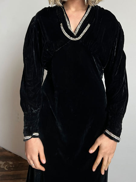 Vintage 1930's Black Silk Velvet Gown with Rhinestone Trim