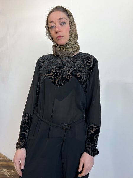 Vintage 1920's Devore Burnout Silk Velvet and Crepe Dress