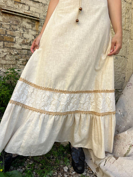 Vintage 1970's Black Label Gunne Sax Macrame Floor Length Dress