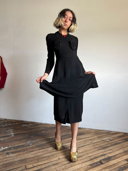 Vintage 1930's Black Soutache Dress with Heart and Key Detail