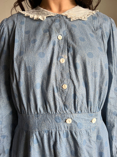 Early Vintage 1920's Polka Dot Print Long Sleeved Floor Length Dress in Cotton, 20's