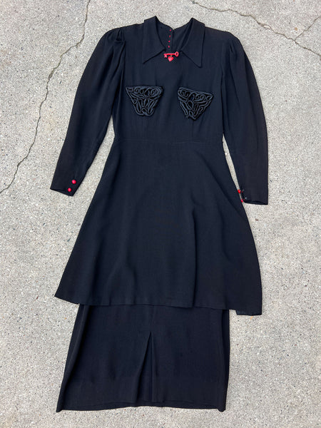 Vintage 1930's Black Soutache Dress with Heart and Key Detail