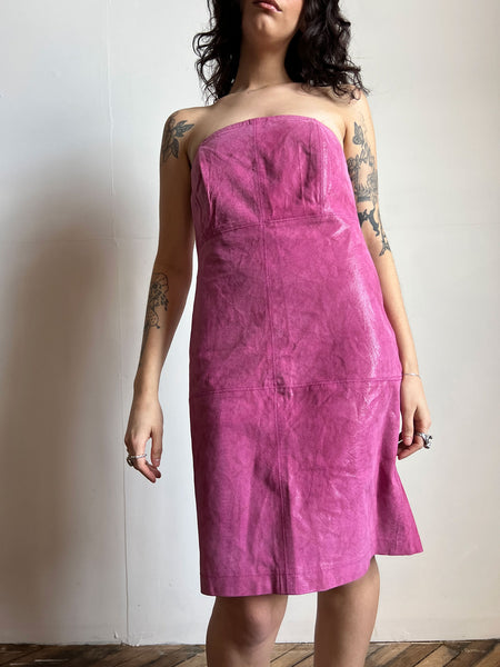 Vintage 1990's - Early 2000's Magenta Purple Leather Dress, Express World Brand