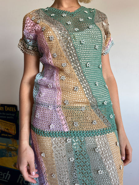 Vintage 1970's Crocheted Pastel Dress