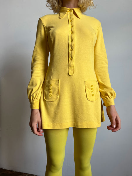 Vintage 1960's Yellow Cotton Long Sleeved Mini Dress Made in Stockholm