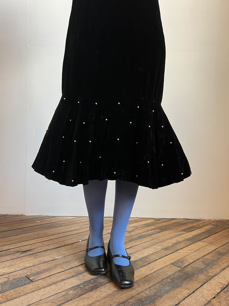 Vintage 1970's 1980's Capricorn Black Velvet Party Dress with Floating Pearls
