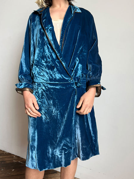 Early Vintage 1920's Blue Velvet Flapper Dress with Lamé Trim