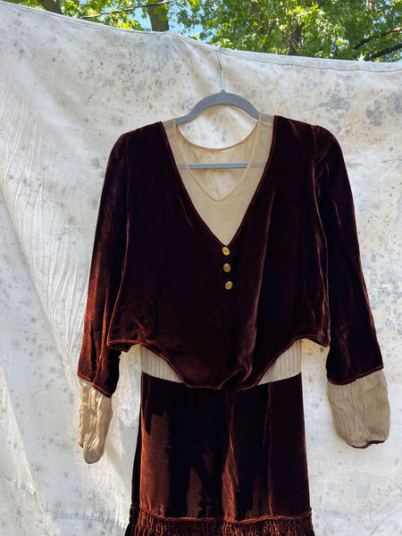 Antique - Early Vintage 1920's 30's Brown Silk Velvet Dress