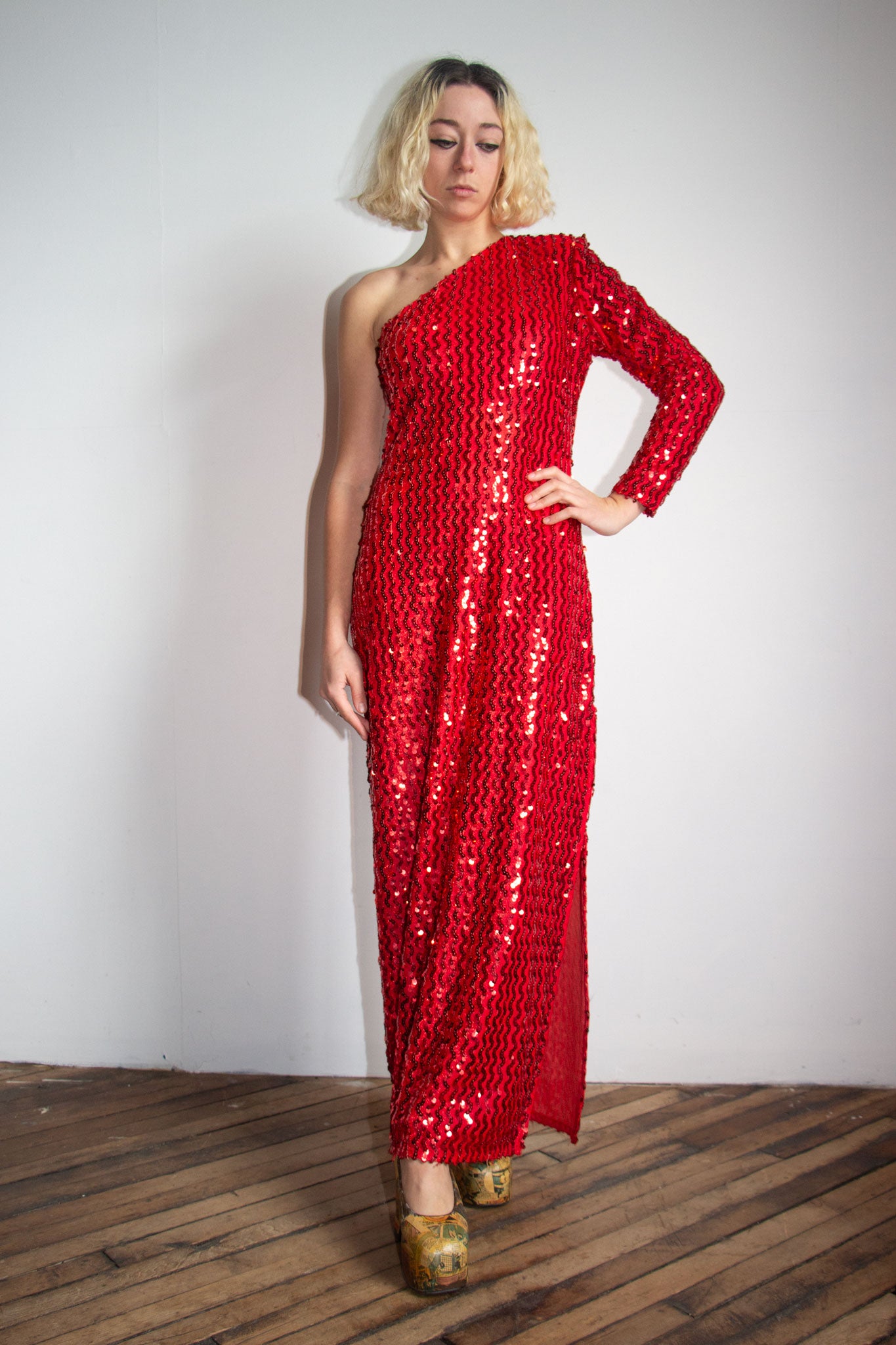 Vintage 1970's - Early 1980's Red One Shoulder Cocktail Dress, Sequined, by Climax