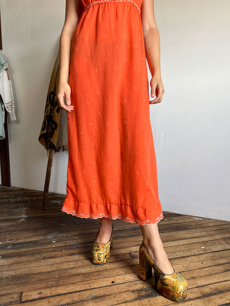 Vintage Late 1960's Early 1970's Orange Floral Dress