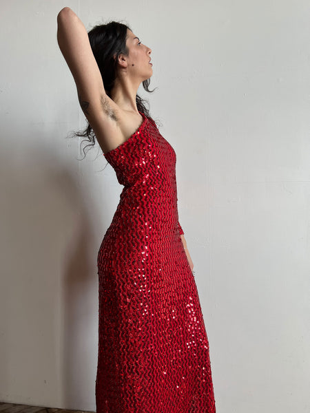 Vintage 1970's - Early 1980's Red One Shoulder Cocktail Dress, Sequined, by Climax