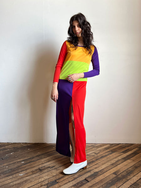Vintage 1970's Long Sleeved Color Block Dress, Women's 70's