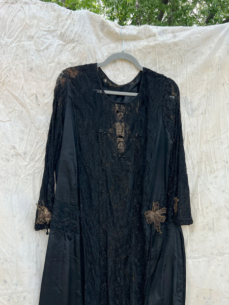 Antique 1910’s 1920’s Black Silk Lace Beaded Spiderweb Dress Edwardian Era
