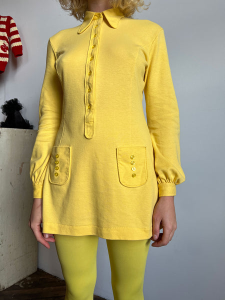 Vintage 1960's Yellow Cotton Long Sleeved Mini Dress Made in Stockholm