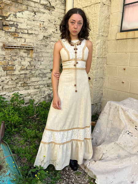Vintage 1970's Black Label Gunne Sax Macrame Floor Length Dress