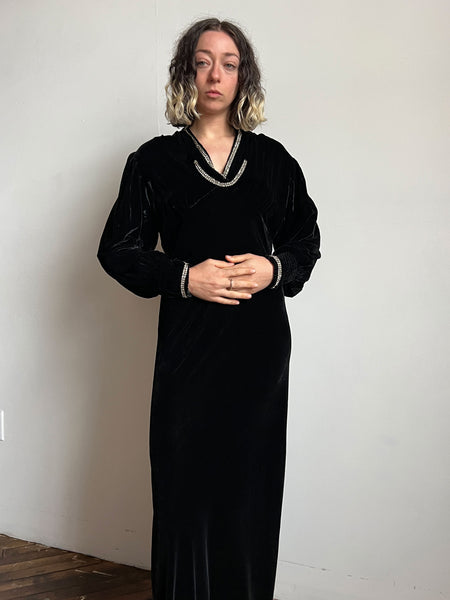 Vintage 1930's Black Silk Velvet Gown with Rhinestone Trim