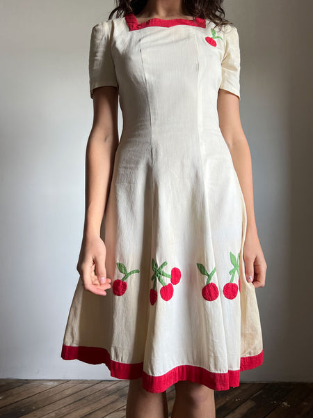 Vintage 1930's Cherry Appliqué Dress, 30's
