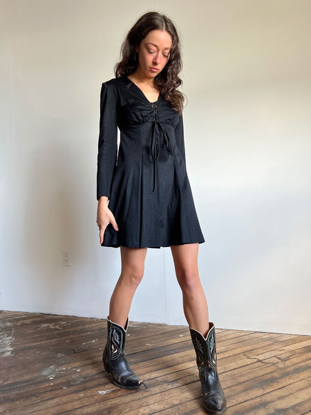 Vintage 1960's Black MIni Dress Long Sleeved Lace Up