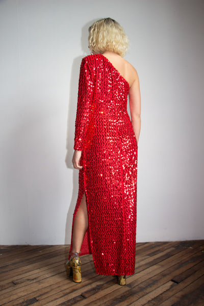 Vintage 1970's - Early 1980's Red One Shoulder Cocktail Dress, Sequined, by Climax