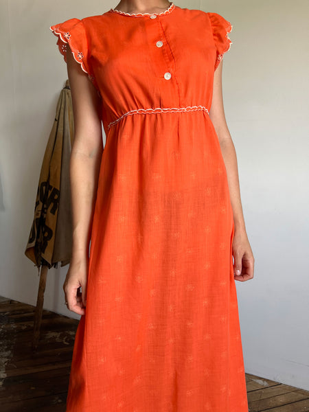 Vintage Late 1960's Early 1970's Orange Floral Dress