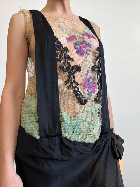 Antique 1920's Silk Dress with Floral Beadwork and Netting