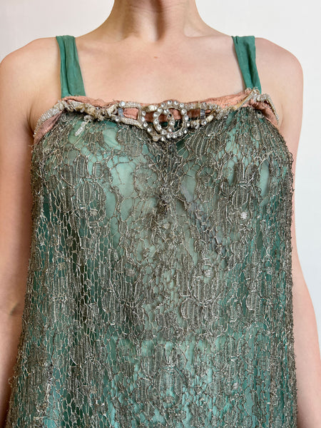 Vintage 1920's Metallic Flapper Dress with Beadwork