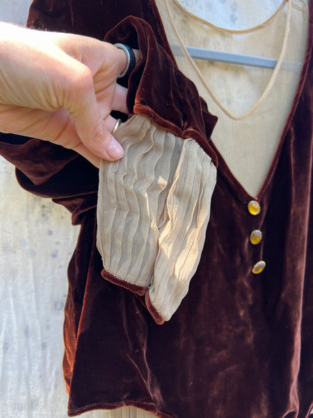 Antique - Early Vintage 1920's 30's Brown Silk Velvet Dress