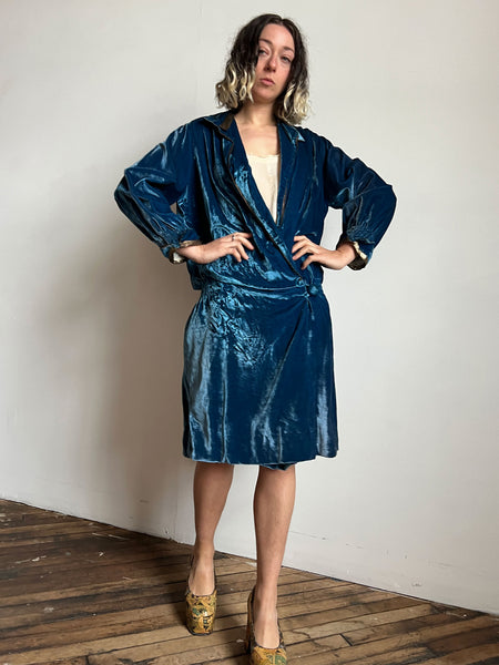 Early Vintage 1920's Blue Velvet Flapper Dress with Lamé Trim