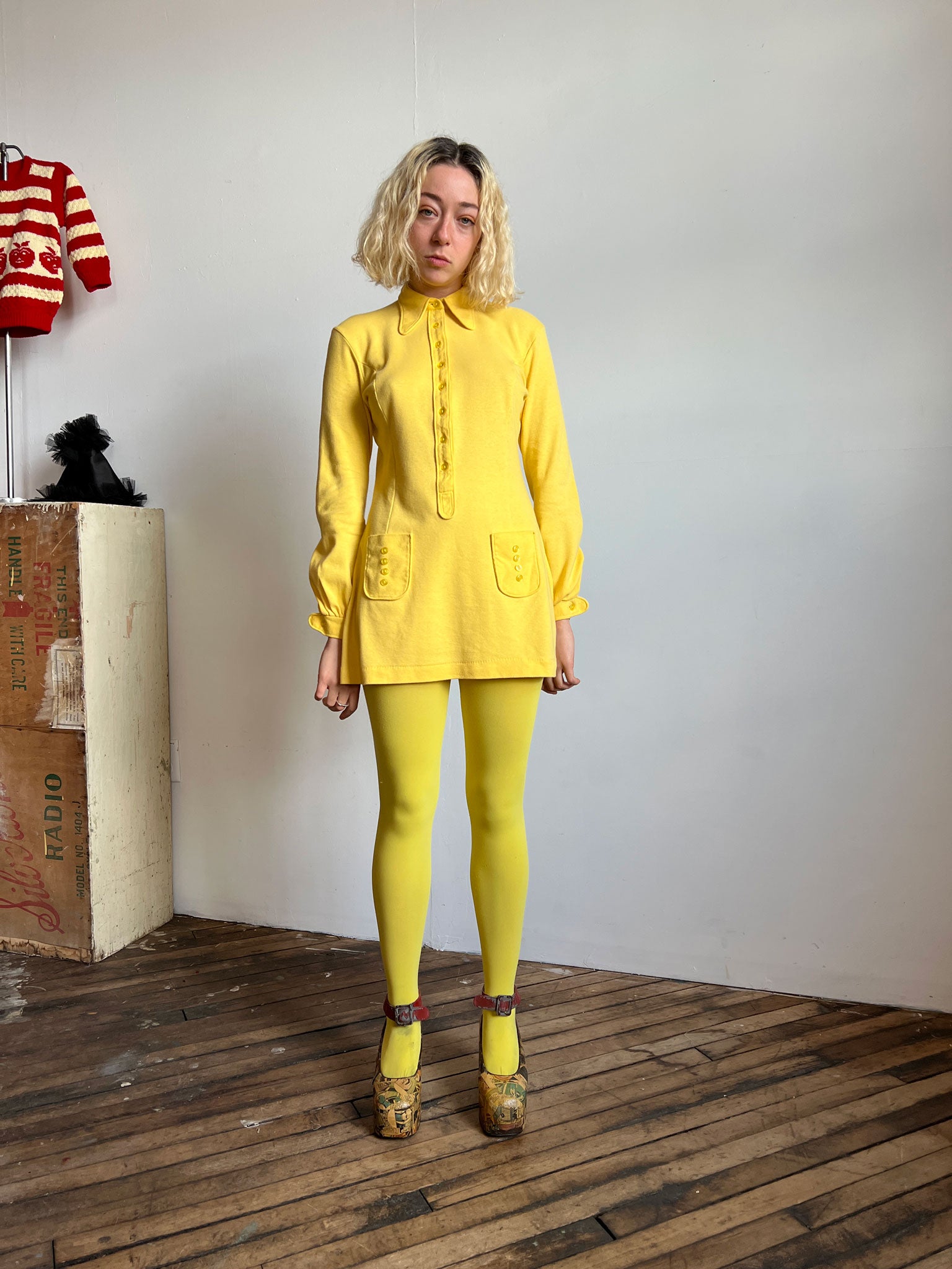 Vintage 1960's Yellow Cotton Long Sleeved Mini Dress Made in Stockholm